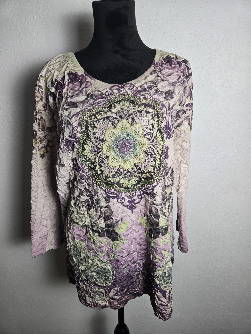 Boho Floral Crinkle Long-Sleeve Top Cactus 1x